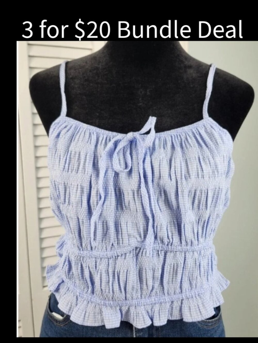 🚨 Blue Gingham Cami Top size M Ruched Cottagecore Picnic